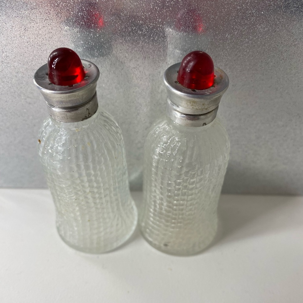 Salt and Pepper Vintage Glass with Ruby Red Lids